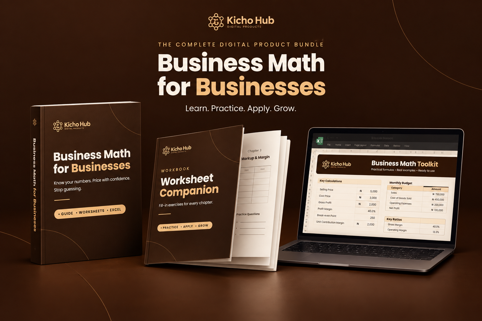 Kicho Hub Business Math for Businesses bundle — guide, worksheet companion, and Excel toolkit